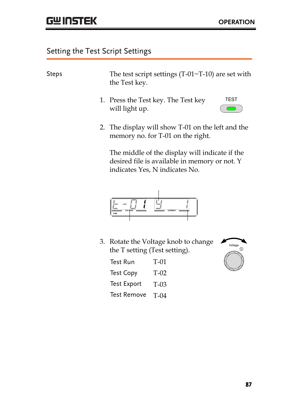 Setting the test script settings, E 87, Operation | Test number test setting available y/n | GW Instek PSU-Series User Manual User Manual | Page 87 / 196