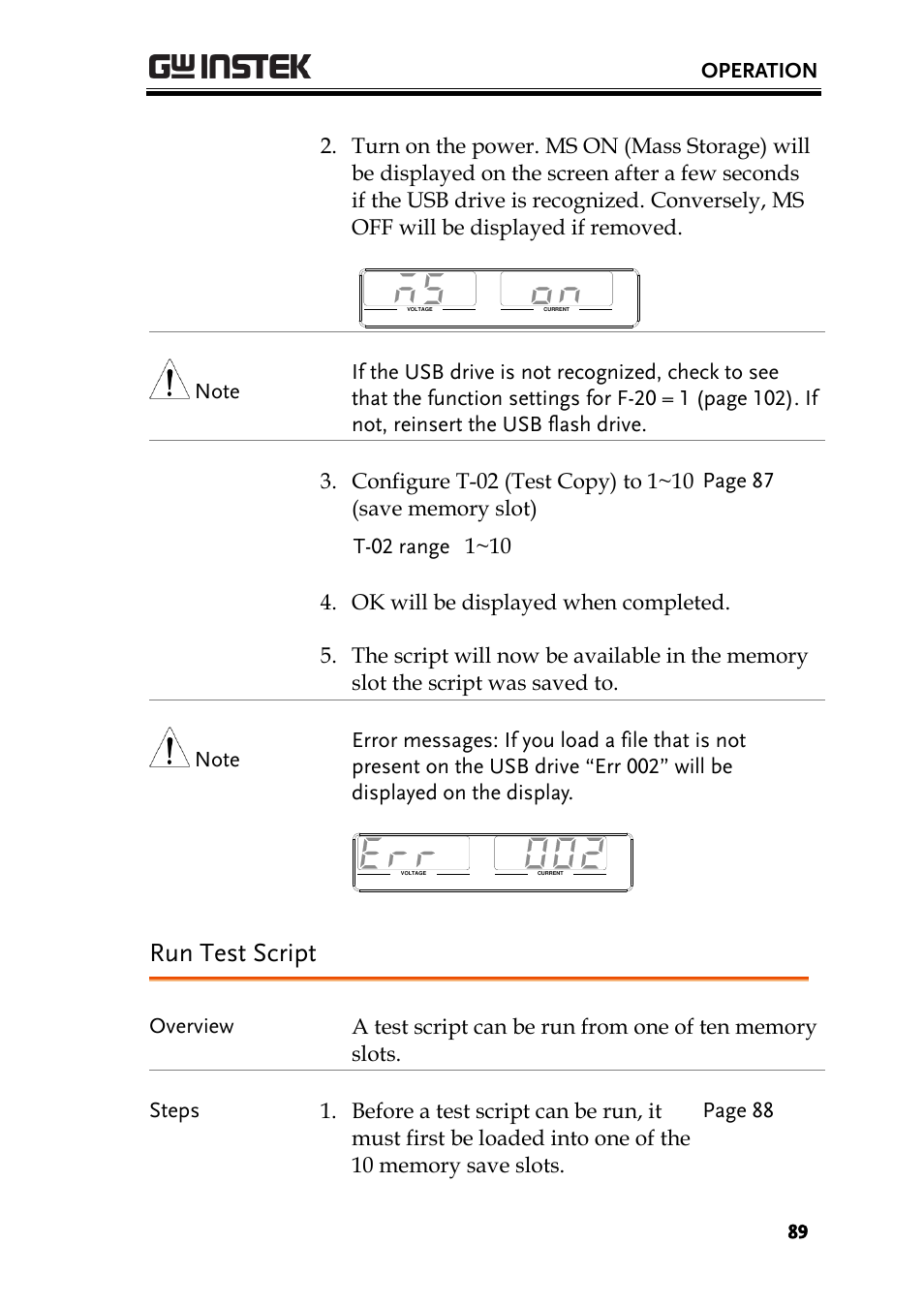 Run test script, Operation | GW Instek PSU-Series User Manual User Manual | Page 89 / 196