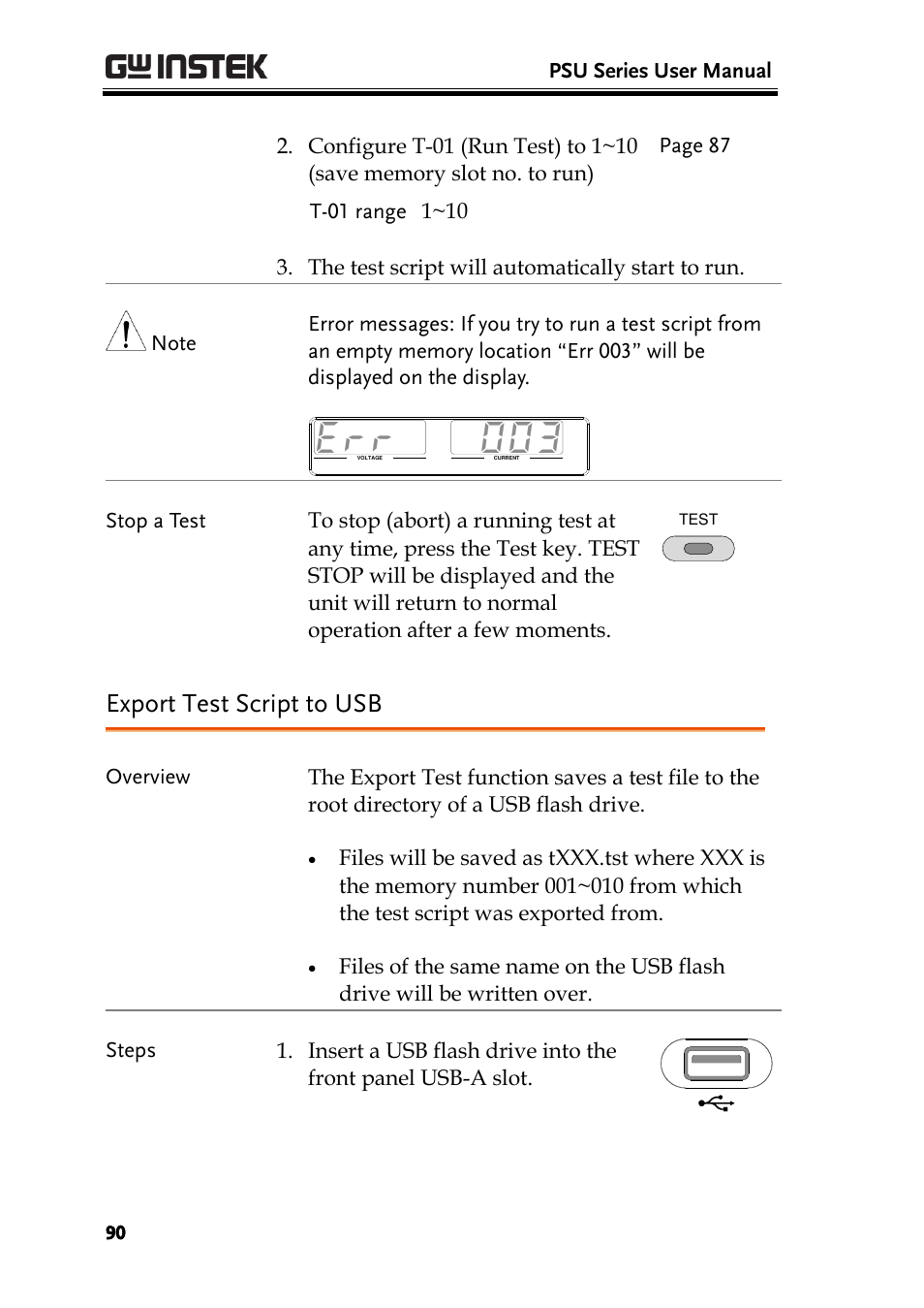 Export test script to usb, E 90, Psu series user manual | GW Instek PSU-Series User Manual User Manual | Page 90 / 196