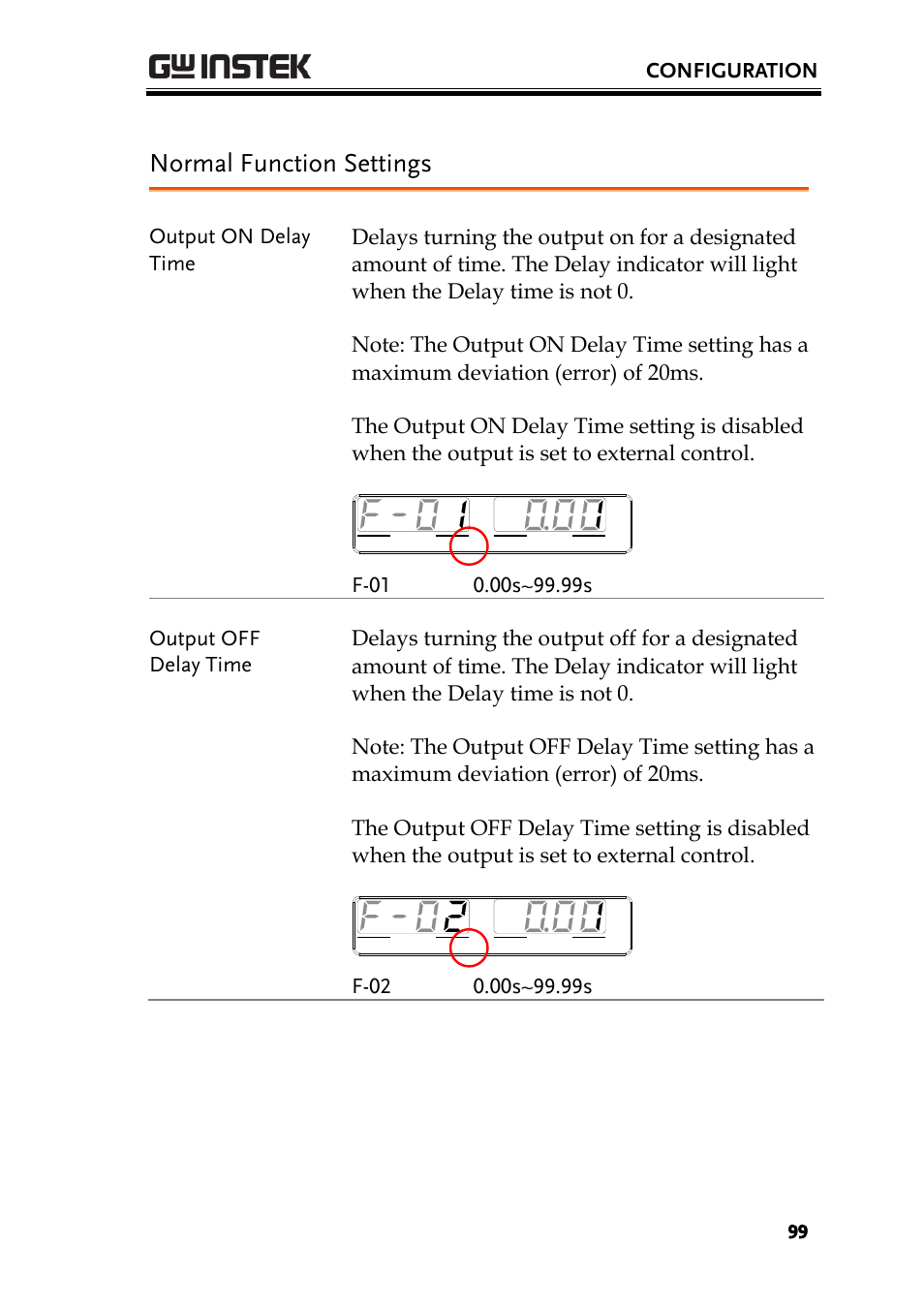 Normal function settings, Configuration, Output on delay time | GW Instek PSU-Series User Manual User Manual | Page 99 / 196