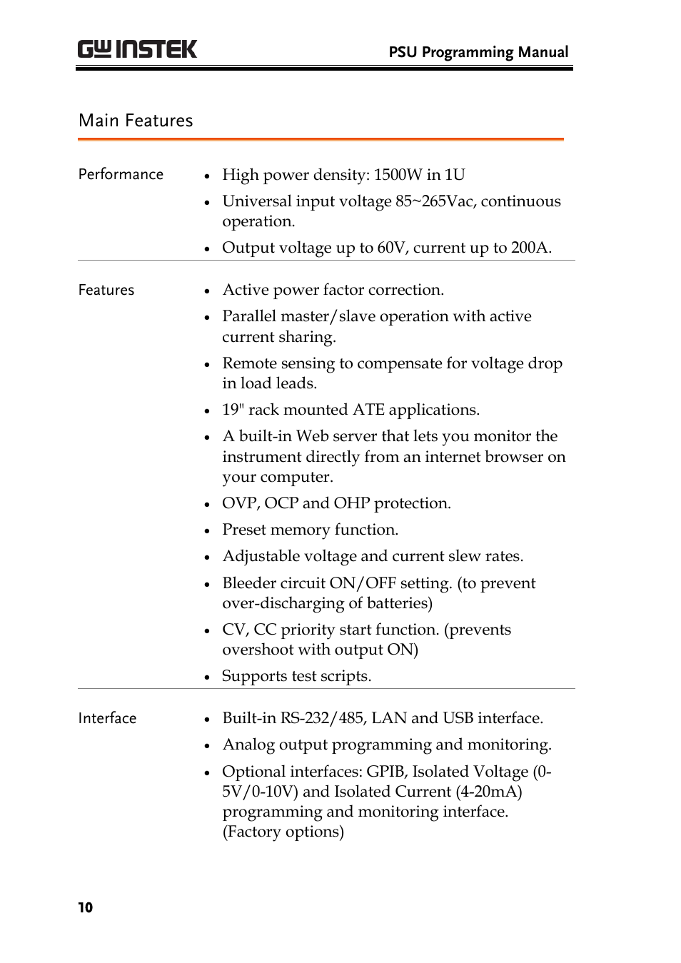 Main features | GW Instek PSU-Series Programming User Manual User Manual | Page 10 / 128