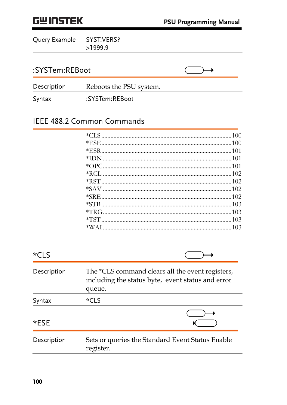 Ieee 488.2 common commands, System:reboot | GW Instek PSU-Series Programming User Manual User Manual | Page 100 / 128