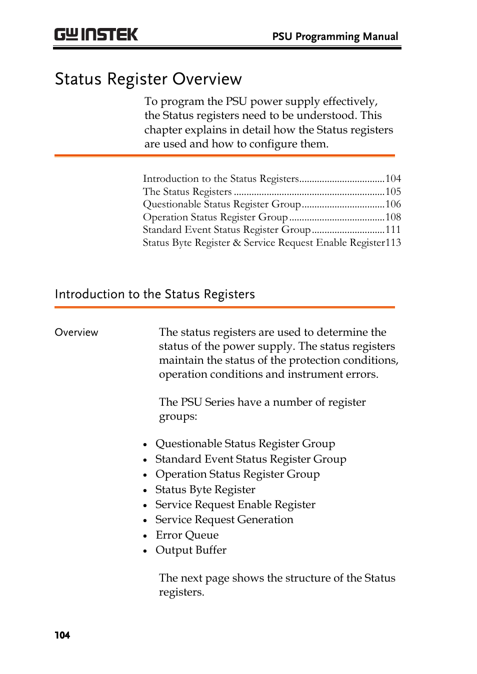 Status register overview, Introduction to the status registers | GW Instek PSU-Series Programming User Manual User Manual | Page 104 / 128