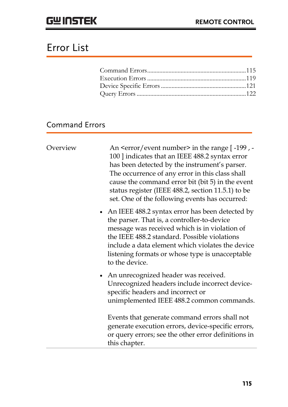 Error list, Command errors | GW Instek PSU-Series Programming User Manual User Manual | Page 115 / 128