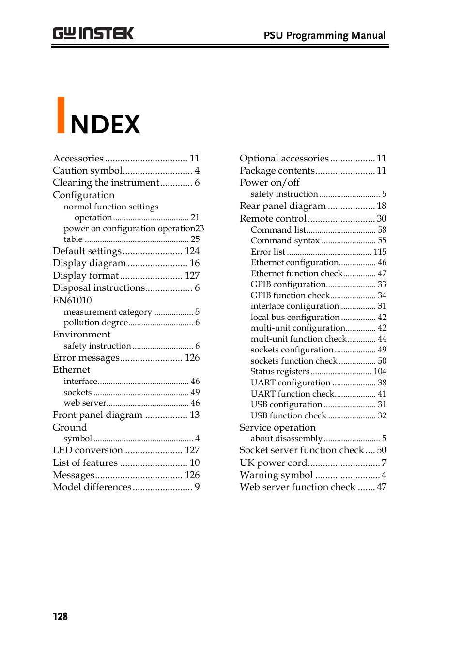Index, Ndex | GW Instek PSU-Series Programming User Manual User Manual | Page 128 / 128