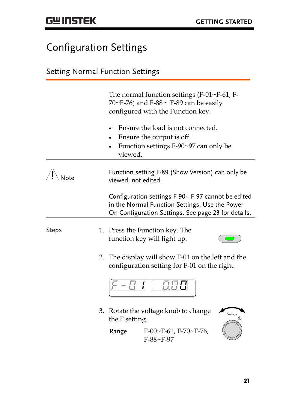 Configuration settings, Setting normal function settings, Getting started | Ensure the load is not connected, Ensure the output is off, Rotate the voltage knob to change the f setting | GW Instek PSU-Series Programming User Manual User Manual | Page 21 / 128