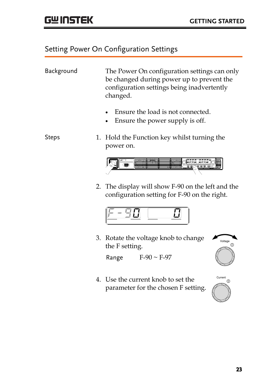 Setting power on configuration settings, Getting started, Ensure the load is not connected | Rotate the voltage knob to change the f setting | GW Instek PSU-Series Programming User Manual User Manual | Page 23 / 128