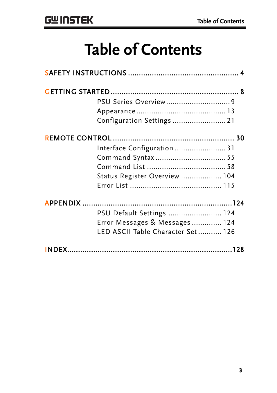 GW Instek PSU-Series Programming User Manual User Manual | Page 3 / 128