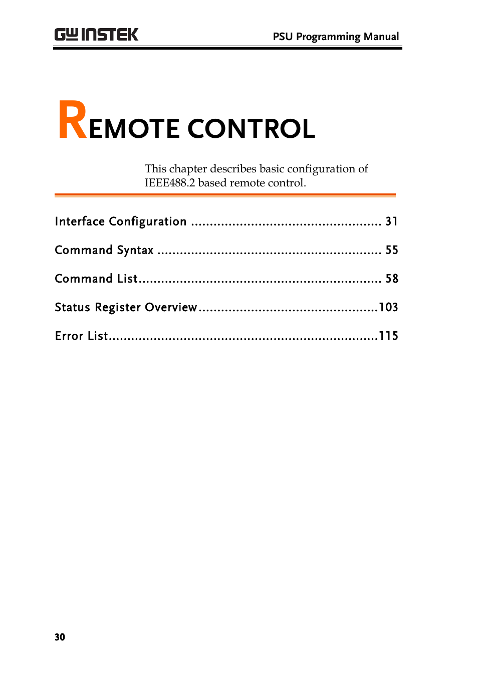 Remote control, Emote control | GW Instek PSU-Series Programming User Manual User Manual | Page 30 / 128