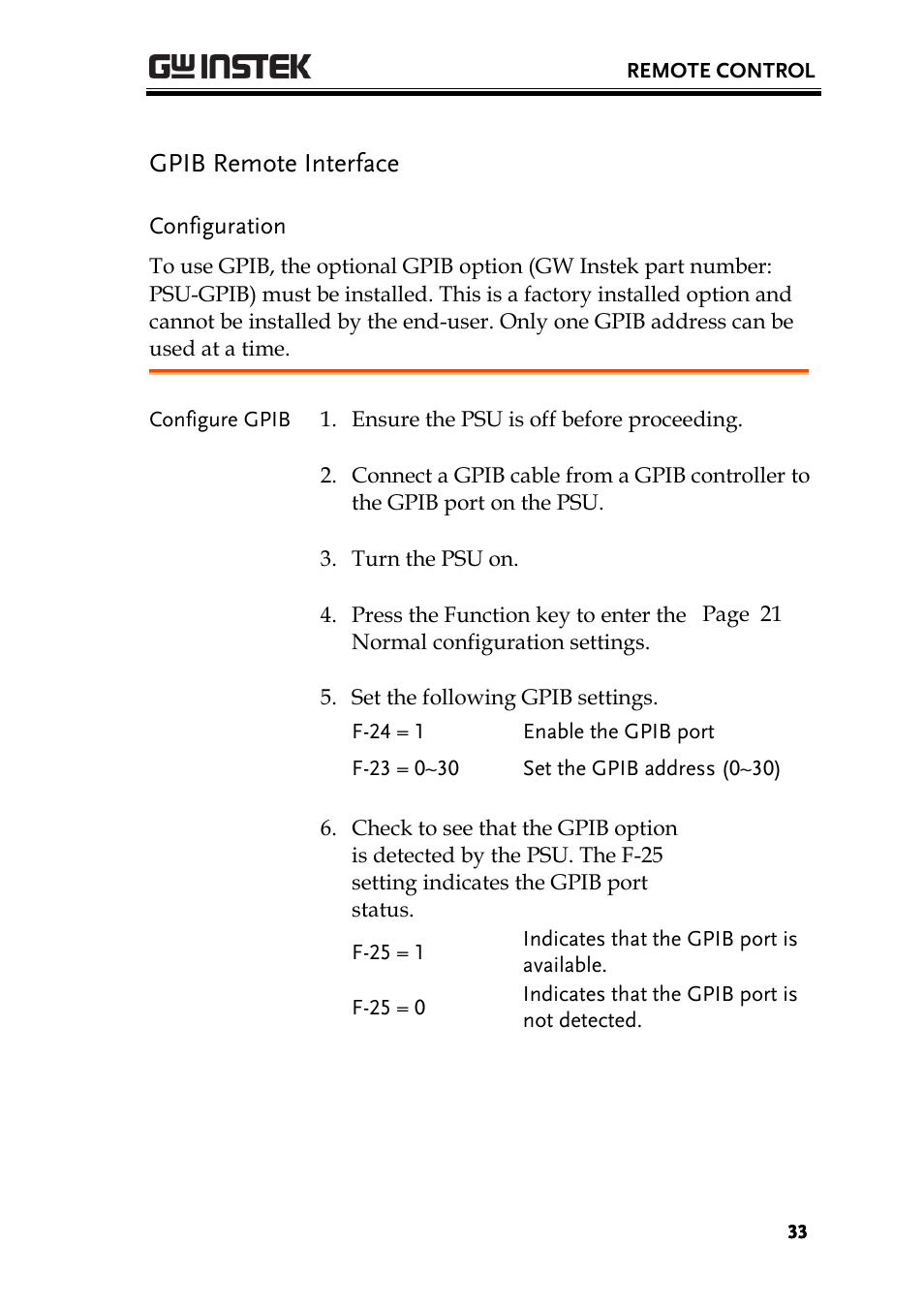 Gpib remote interface, Configuration | GW Instek PSU-Series Programming User Manual User Manual | Page 33 / 128