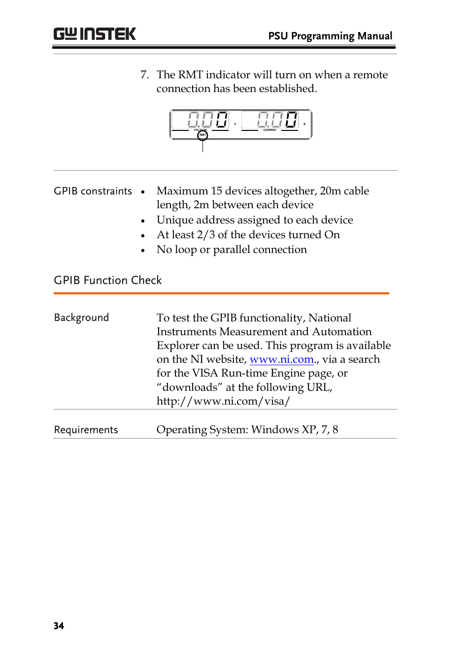 Gpib function check, Psu programming manual, Gpib constraints | Unique address assigned to each device, At least 2/3 of the devices turned on, No loop or parallel connection, Rmt indicator | GW Instek PSU-Series Programming User Manual User Manual | Page 34 / 128
