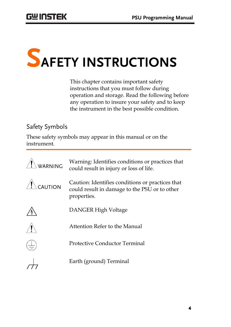 Safety instructions, Safety symbols, Afety instructions | GW Instek PSU-Series Programming User Manual User Manual | Page 4 / 128