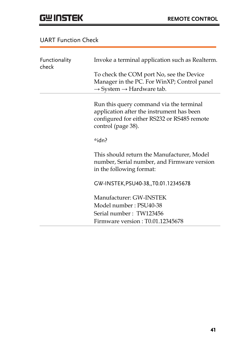 Uart function check | GW Instek PSU-Series Programming User Manual User Manual | Page 41 / 128