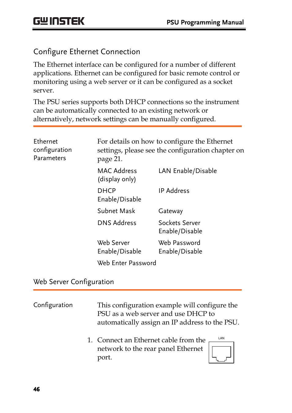 Configure ethernet connection, Web server configuration | GW Instek PSU-Series Programming User Manual User Manual | Page 46 / 128