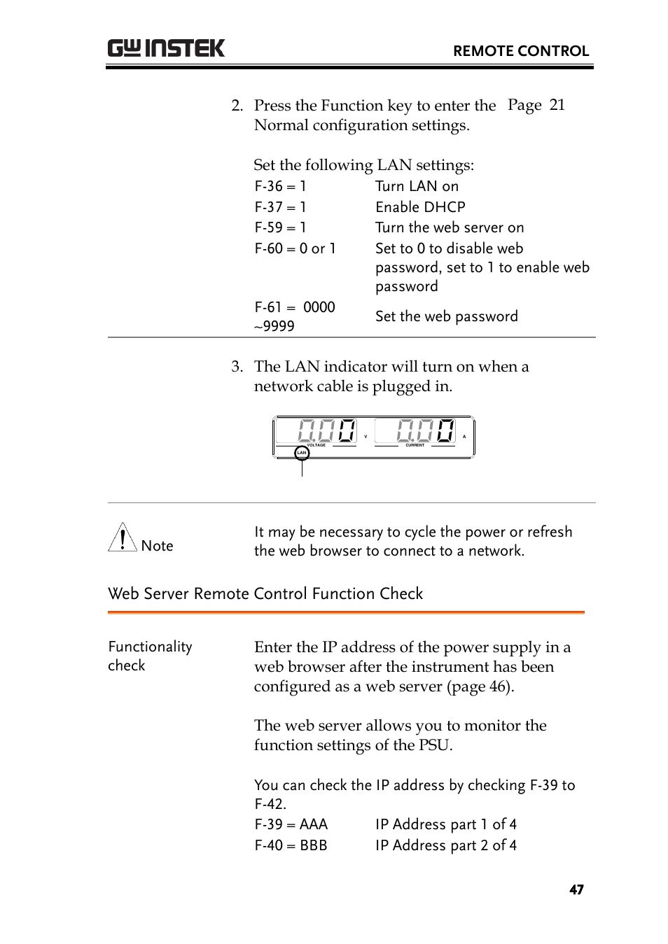 Web server remote control function check, Remote control | GW Instek PSU-Series Programming User Manual User Manual | Page 47 / 128