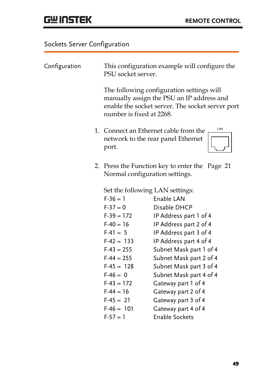 Sockets server configuration | GW Instek PSU-Series Programming User Manual User Manual | Page 49 / 128