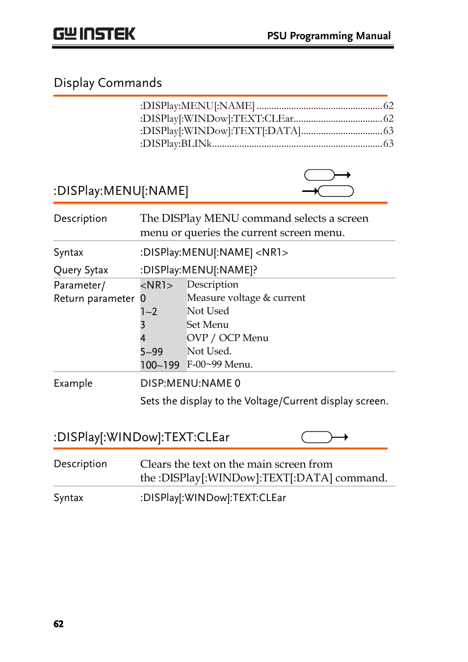 Display commands, Display:menu[:name, Display[:window]:text:clear | GW Instek PSU-Series Programming User Manual User Manual | Page 62 / 128