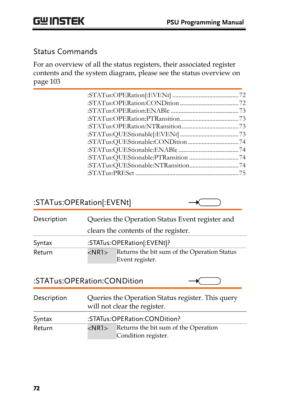 Status commands, Status:operation[:event, Status:operation:condition | GW Instek PSU-Series Programming User Manual User Manual | Page 72 / 128