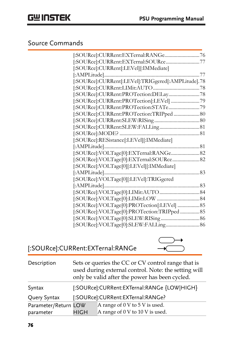 Source commands, Source]:current:external:range | GW Instek PSU-Series Programming User Manual User Manual | Page 76 / 128