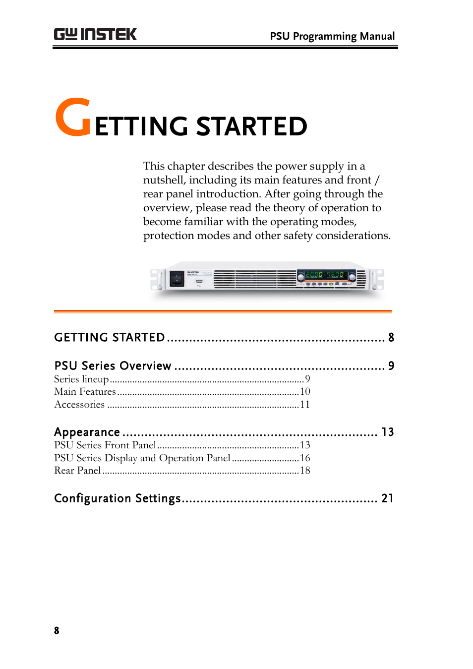 Getting started, Etting started | GW Instek PSU-Series Programming User Manual User Manual | Page 8 / 128