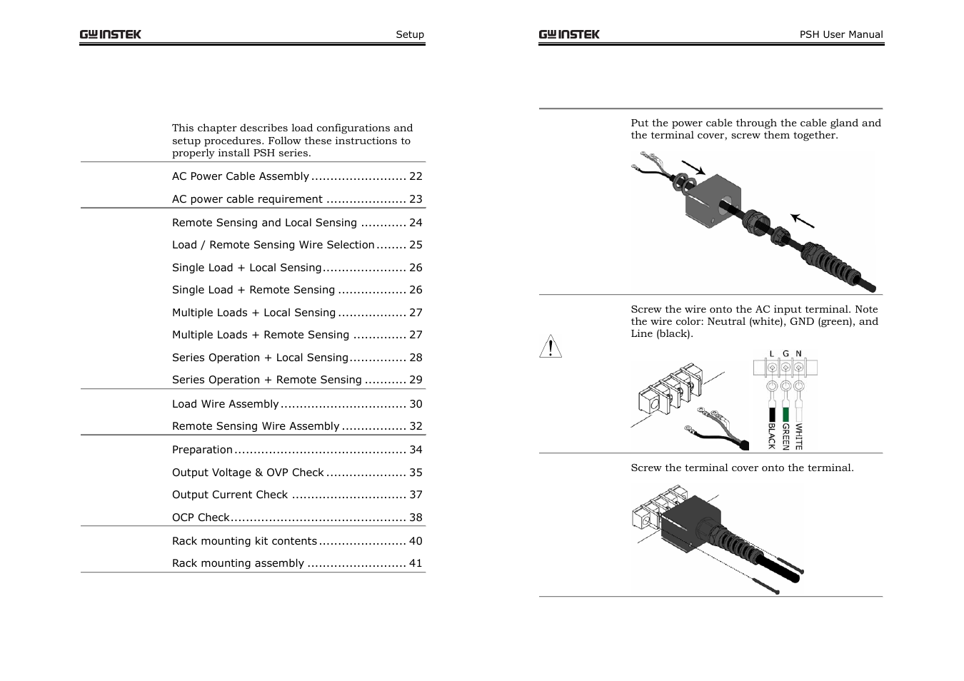 Setup, Ac power cable assembly | GW Instek PSH-A Series 360W User Manual User Manual | Page 11 / 39
