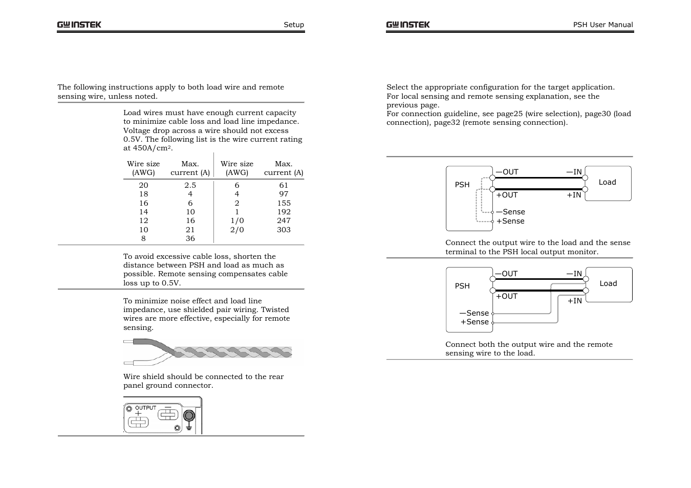 Load / remote sensing wire selection, Load configuration | GW Instek PSH-A Series 360W User Manual User Manual | Page 13 / 39