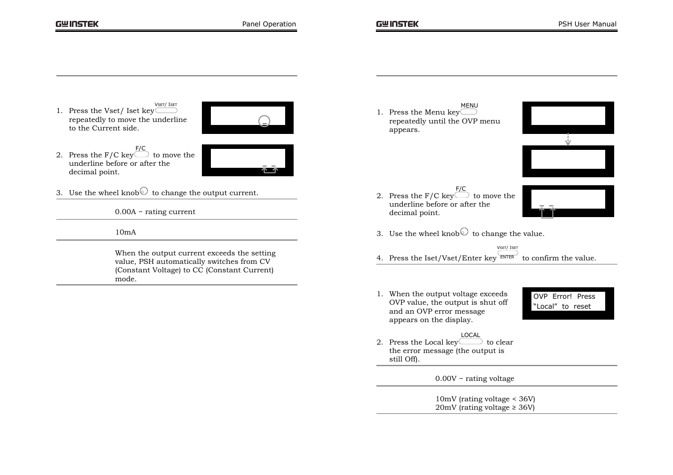 Output current setting, Ovp (output voltage protection) setting | GW Instek PSH-A Series 360W User Manual User Manual | Page 24 / 39
