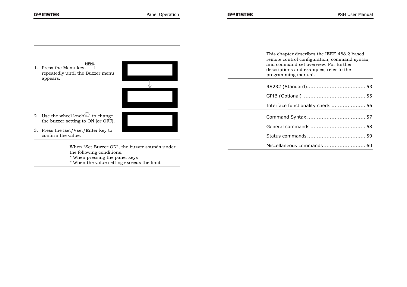 Remote operation, Buzzer sound setting | GW Instek PSH-A Series 360W User Manual User Manual | Page 26 / 39