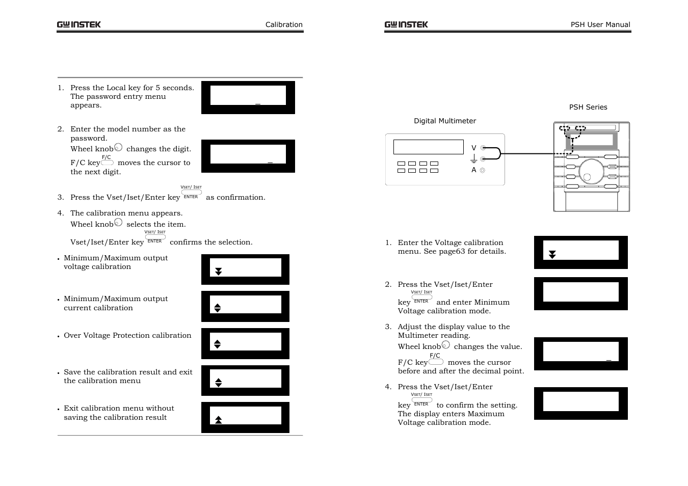 Entering calibration mode, Output voltage calibration | GW Instek PSH-A Series 360W User Manual User Manual | Page 32 / 39