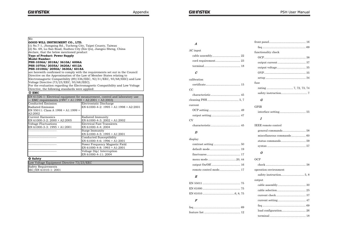 Index, Declaration of conformity | GW Instek PSH-A Series 360W User Manual User Manual | Page 38 / 39