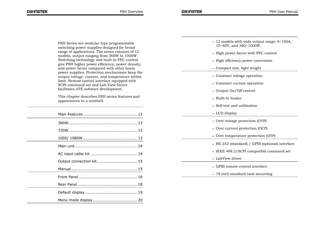 Psh overview, Main features | GW Instek PSH-A Series 360W User Manual User Manual | Page 6 / 39