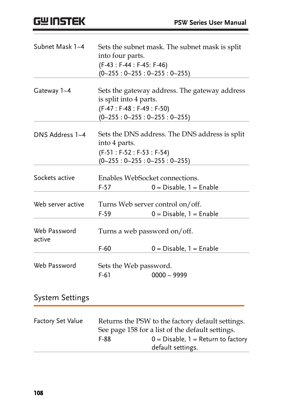 System settings | GW Instek PSW-Series User Manual User Manual | Page 108 / 184