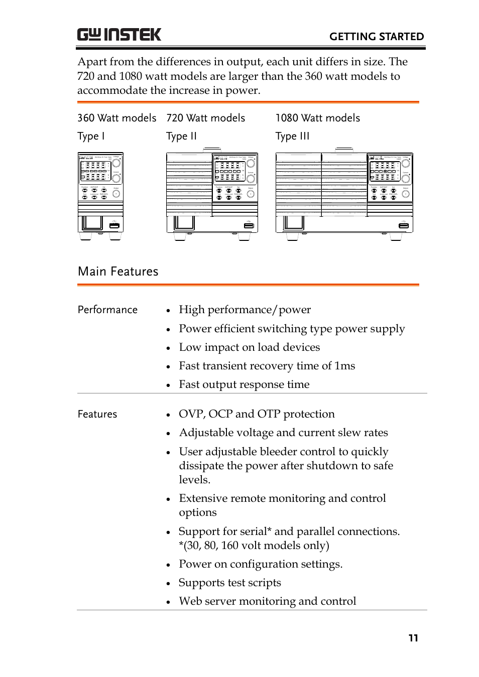 Main features, Getting started, 360 watt models type i | 720 watt models type ii, 1080 watt models type iii, Performance, High performance/power, Power efficient switching type power supply, Low impact on load devices, Fast transient recovery time of 1ms | GW Instek PSW-Series User Manual User Manual | Page 11 / 184