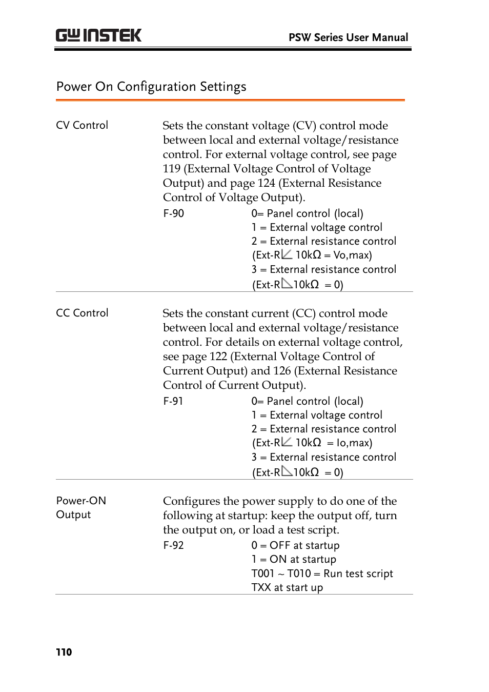 Power on configuration settings | GW Instek PSW-Series User Manual User Manual | Page 110 / 184