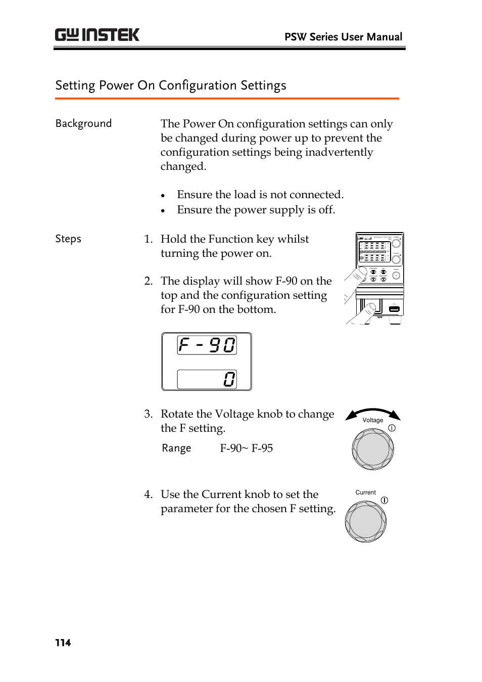 Setting power on configuration settings, Psw series user manual, Ensure the load is not connected | Rotate the voltage knob to change the f setting | GW Instek PSW-Series User Manual User Manual | Page 114 / 184