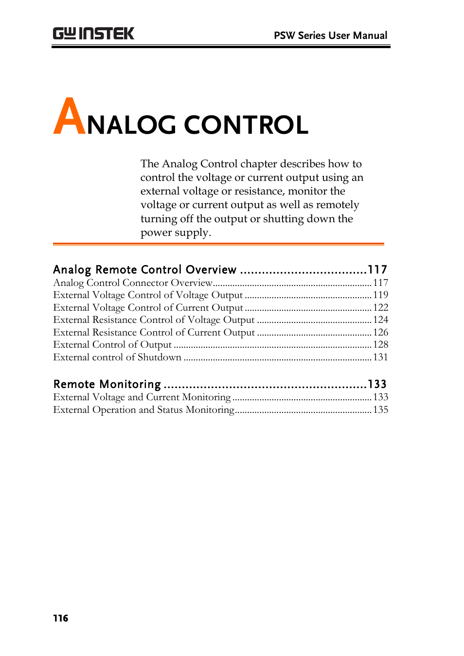 Analog control, Nalog control | GW Instek PSW-Series User Manual User Manual | Page 116 / 184