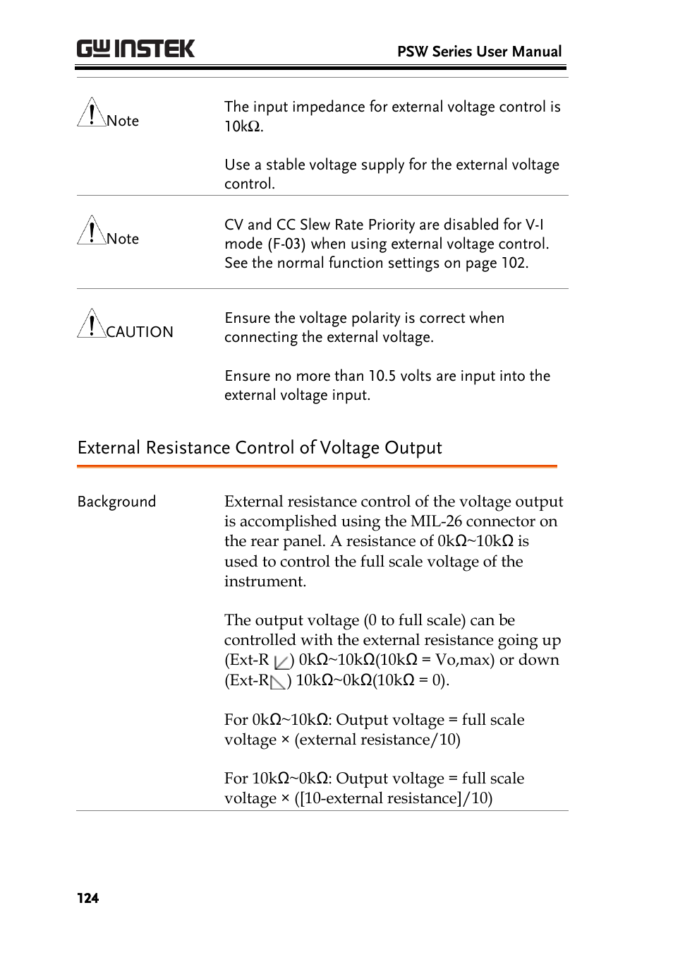 External resistance control of voltage output, E 124 | GW Instek PSW-Series User Manual User Manual | Page 124 / 184