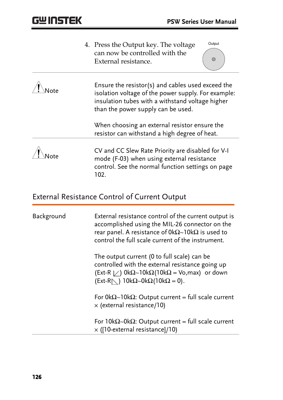 External resistance control of current output, E 126 | GW Instek PSW-Series User Manual User Manual | Page 126 / 184