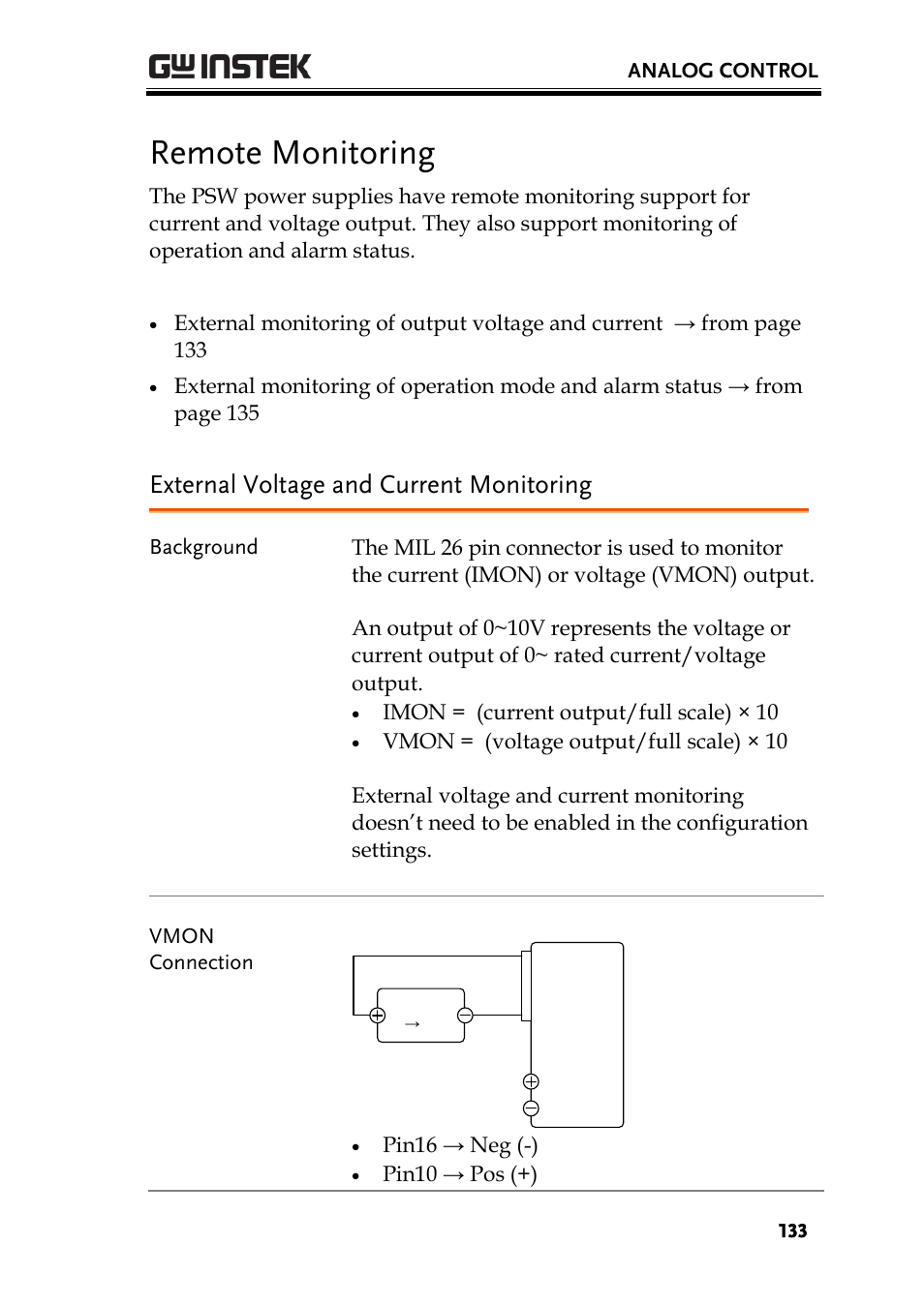 Remote monitoring, External voltage and current monitoring | GW Instek PSW-Series User Manual User Manual | Page 133 / 184