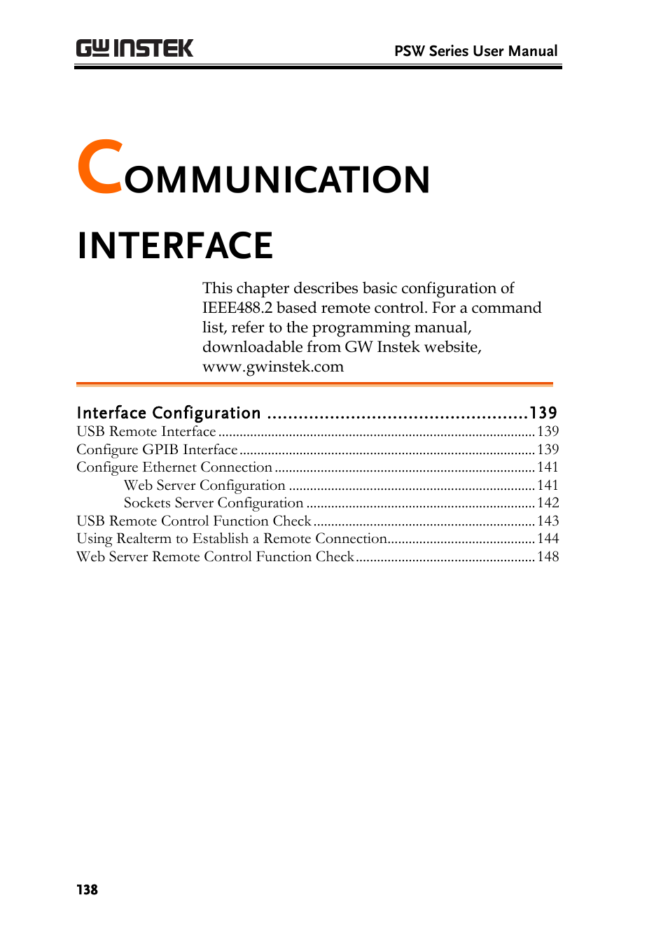 Communication interface, Ommunication interface | GW Instek PSW-Series User Manual User Manual | Page 138 / 184