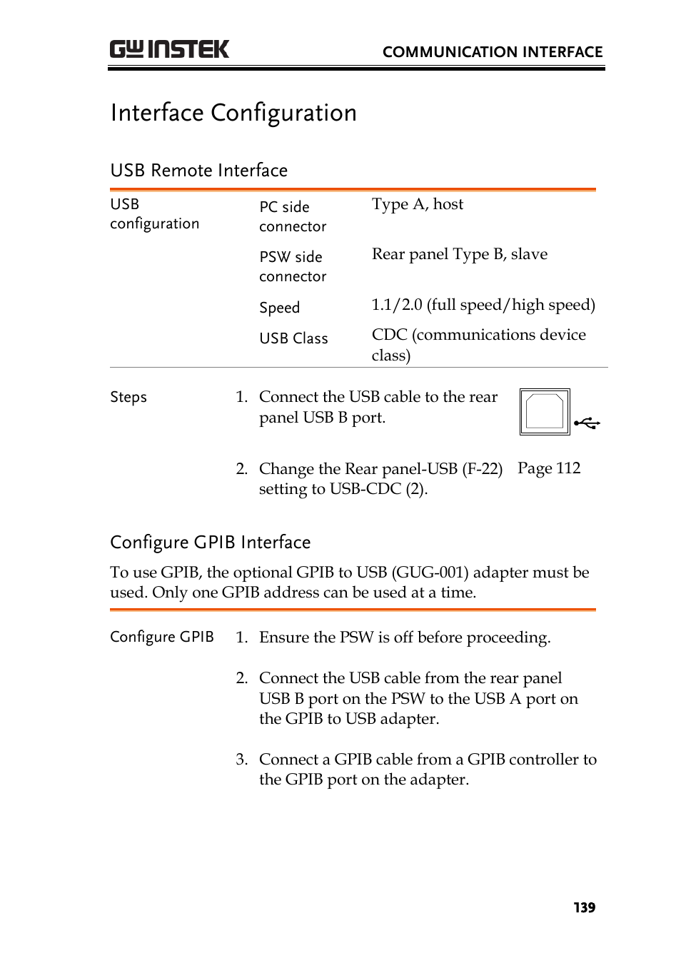 Interface configuration, Usb remote interface, Configure gpib interface | GW Instek PSW-Series User Manual User Manual | Page 139 / 184