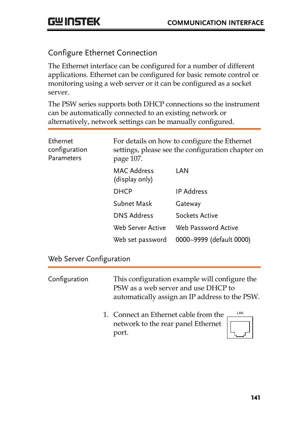Configure ethernet connection, Web server configuration | GW Instek PSW-Series User Manual User Manual | Page 141 / 184
