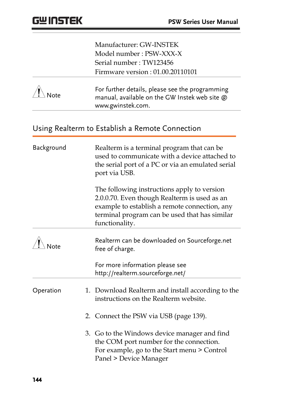 Using realterm to establish a remote connection | GW Instek PSW-Series User Manual User Manual | Page 144 / 184