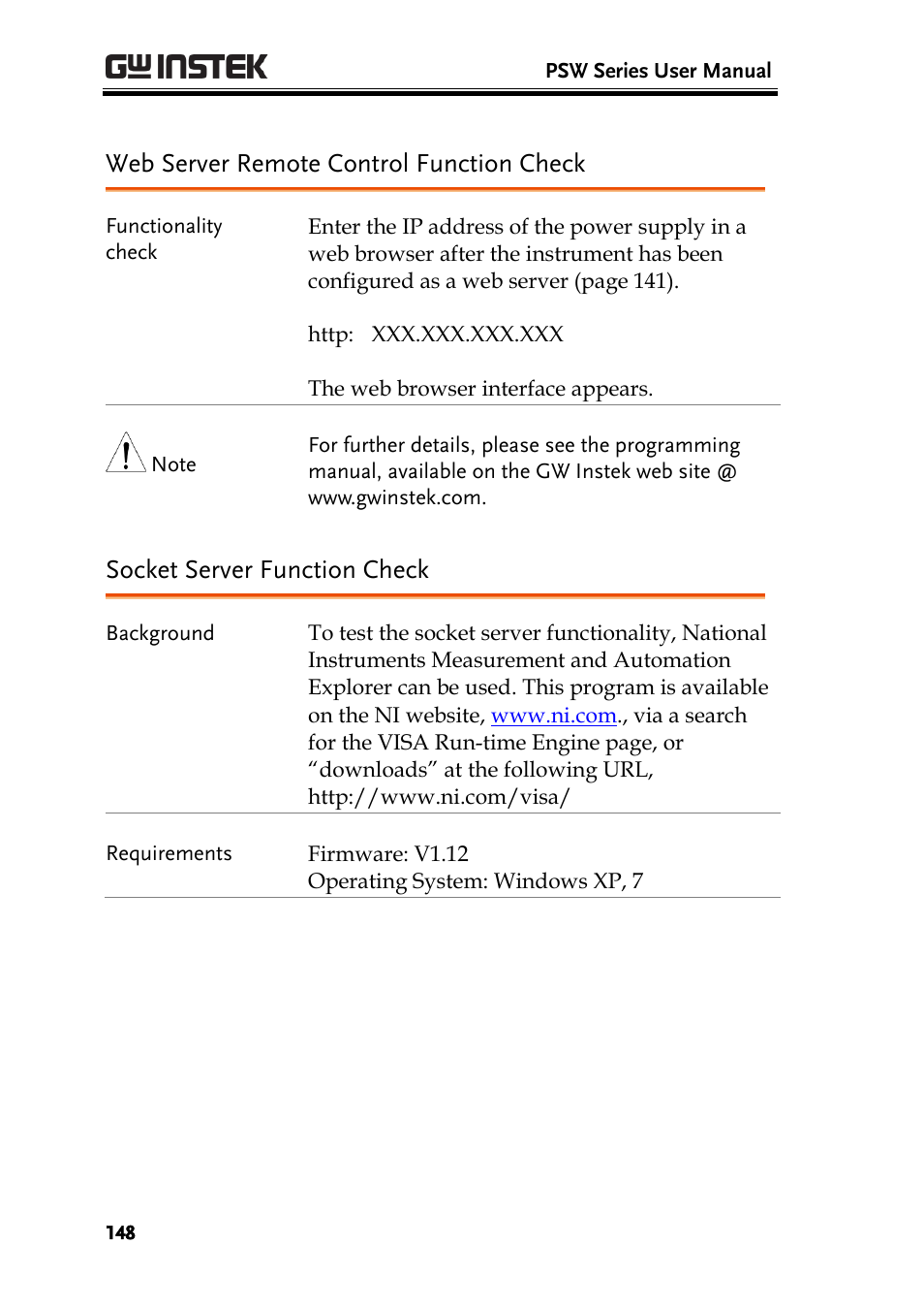 Web server remote control function check, Socket server function check | GW Instek PSW-Series User Manual User Manual | Page 148 / 184