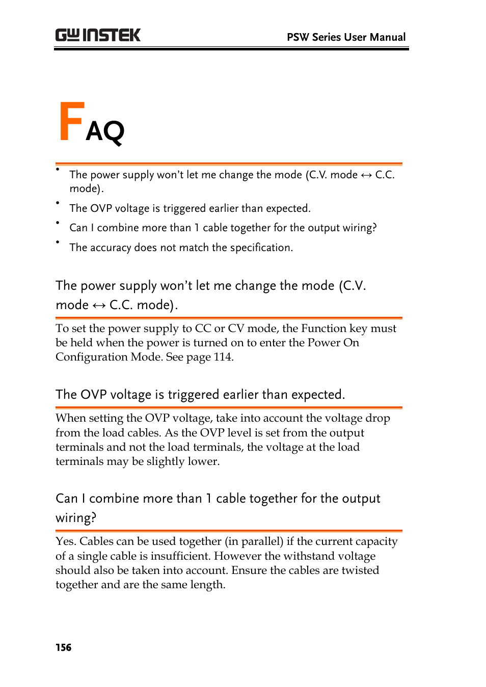 The ovp voltage is triggered earlier than expected | GW Instek PSW-Series User Manual User Manual | Page 156 / 184