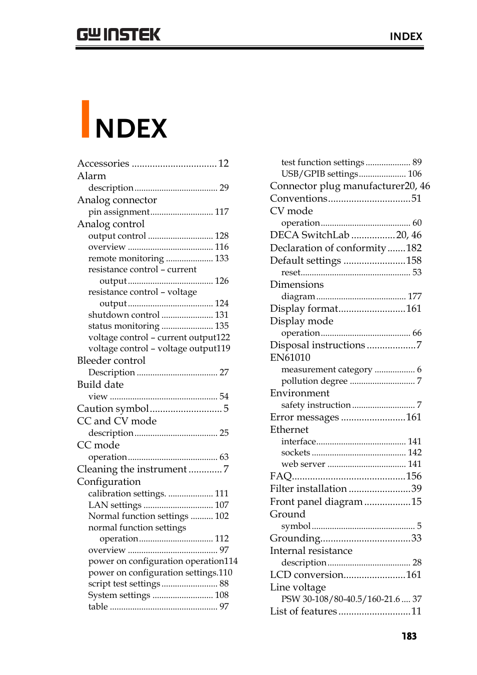Index, Ndex | GW Instek PSW-Series User Manual User Manual | Page 183 / 184