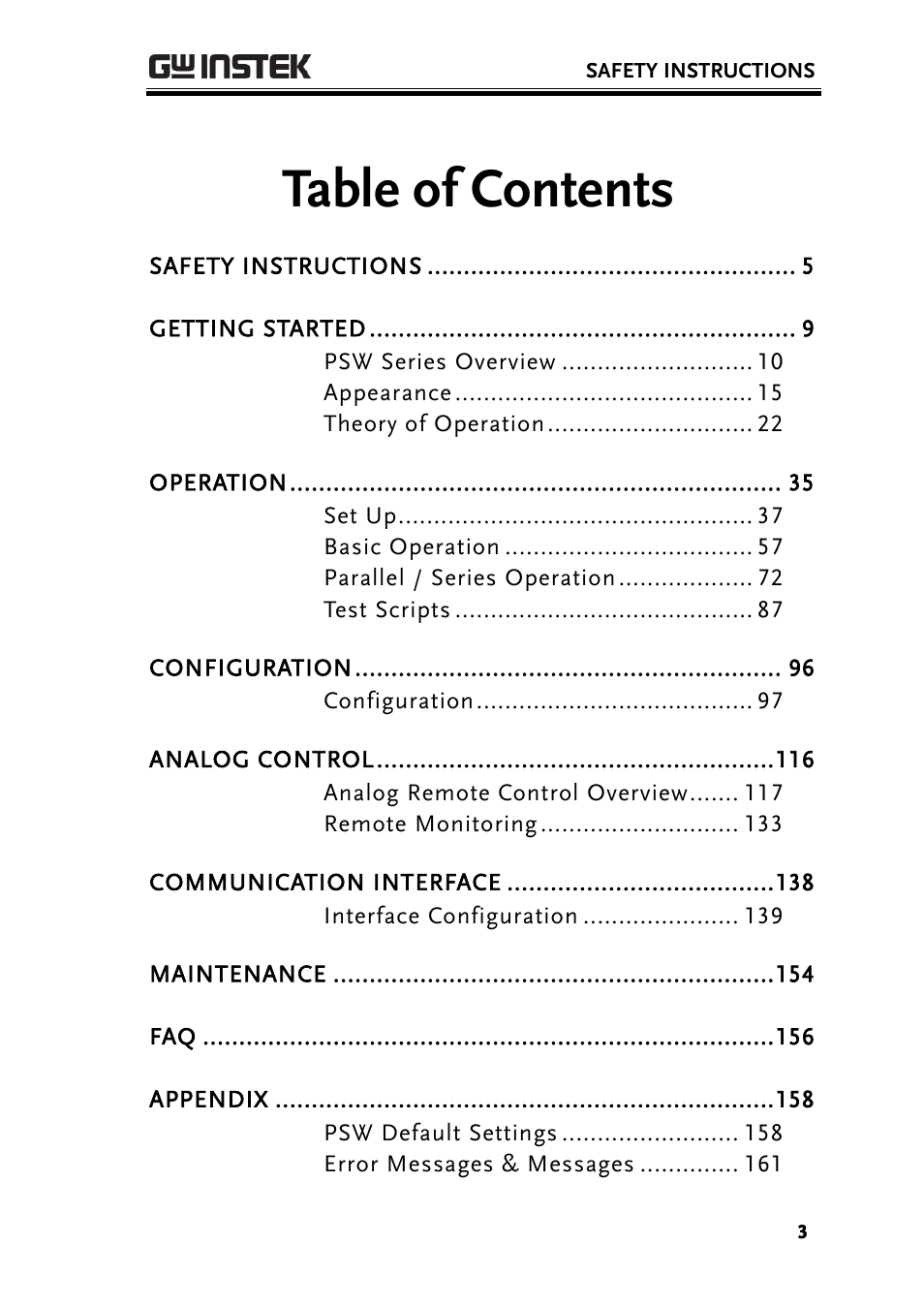GW Instek PSW-Series User Manual User Manual | Page 3 / 184