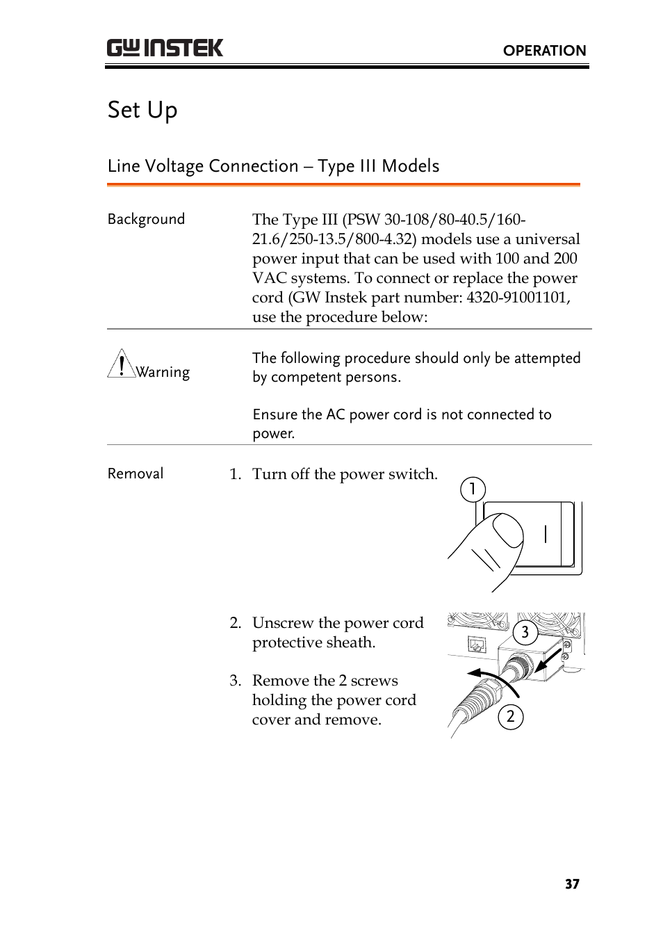 Set up, Line voltage connection – type iii models | GW Instek PSW-Series User Manual User Manual | Page 37 / 184