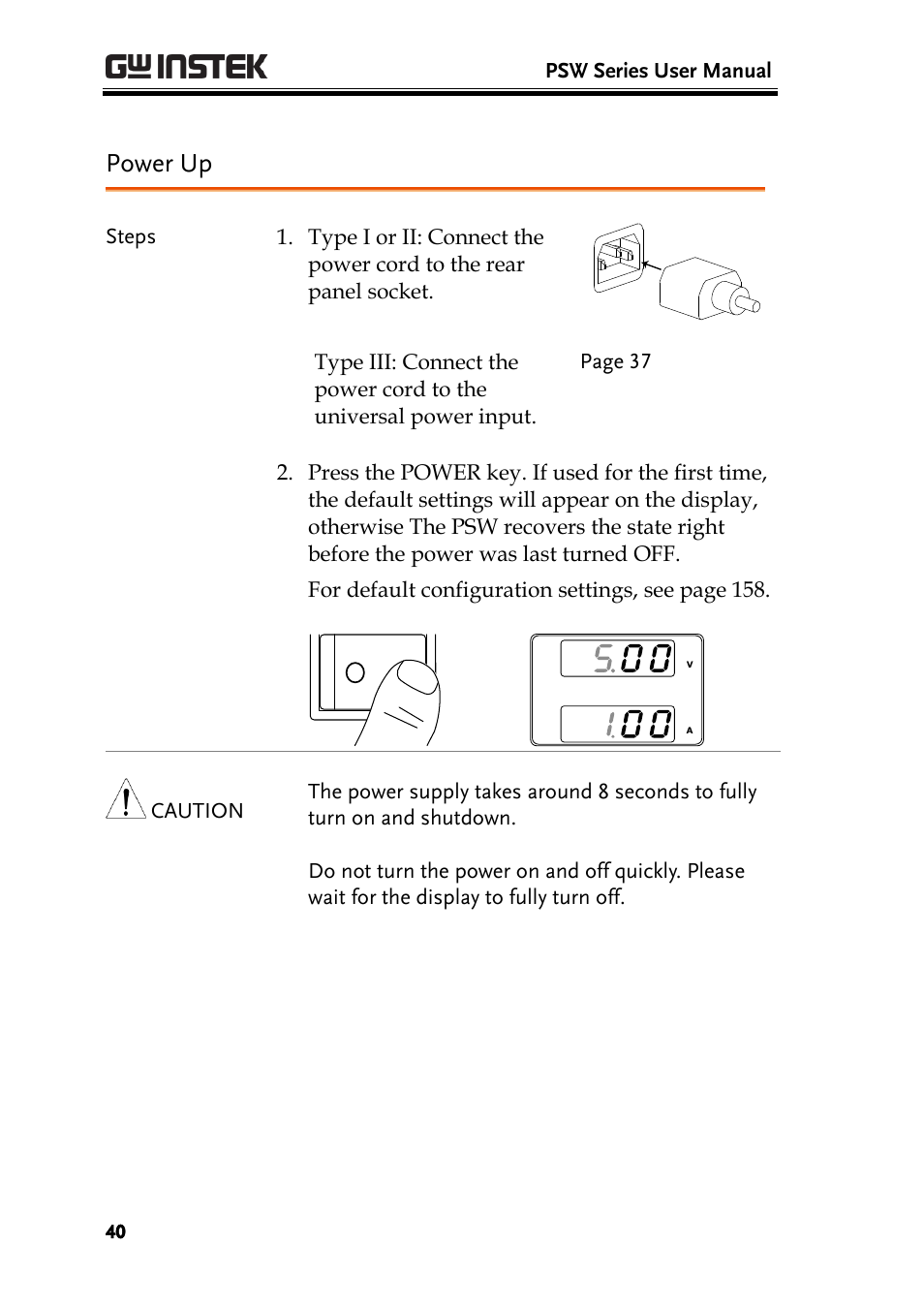 Power up | GW Instek PSW-Series User Manual User Manual | Page 40 / 184