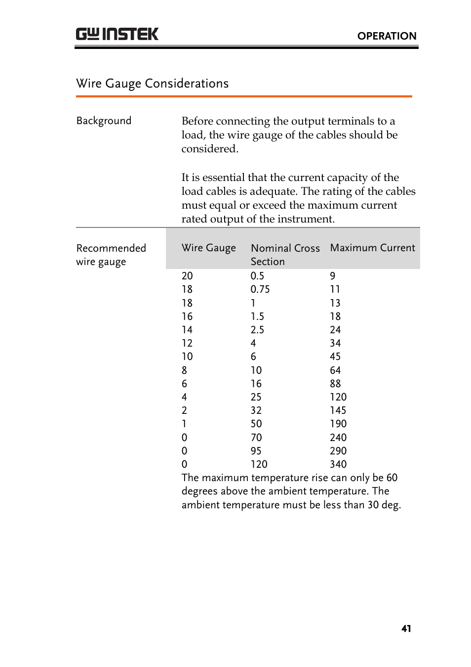 Wire gauge considerations | GW Instek PSW-Series User Manual User Manual | Page 41 / 184